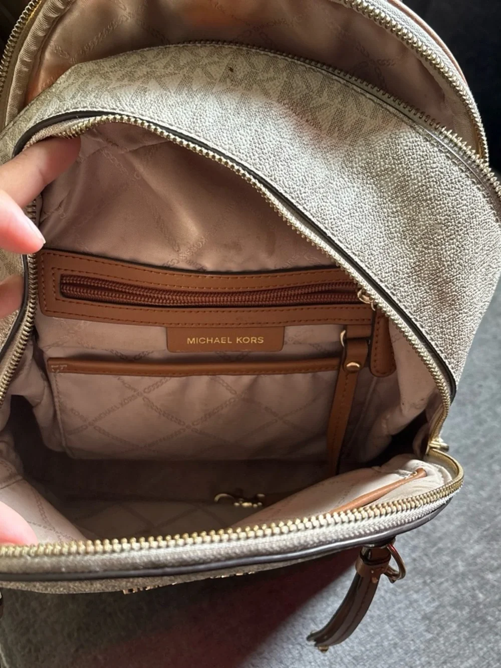 Michael Kors Signature MK Monogram Beige and Brown Studded Backpack